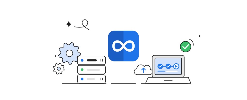 DevOps infinity loop with servers, cloud, and a CI/CD pipeline.